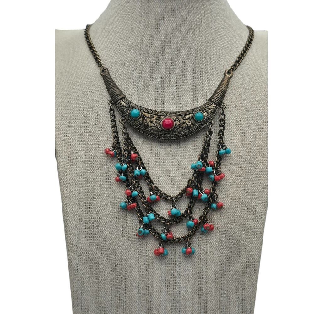 Red Turquoise Crescent Necklace Moroccan Bazaar Mediterranean Luxe Multistrand